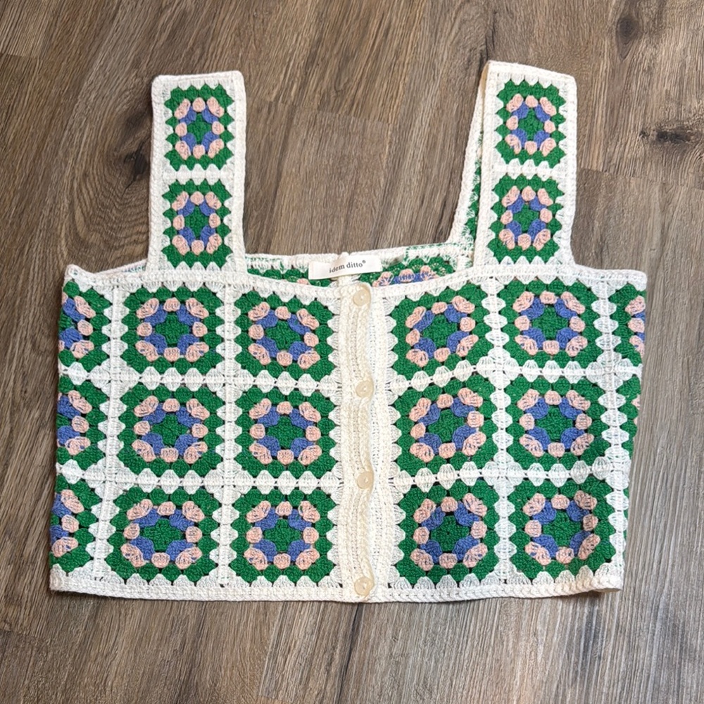 Ganni White and Green Sleeveless Crop Tank Top